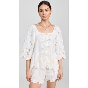 NWT DAMSON MADDER Lana Blouse in White Blush Pink Tie Front Peasant Cottagecore